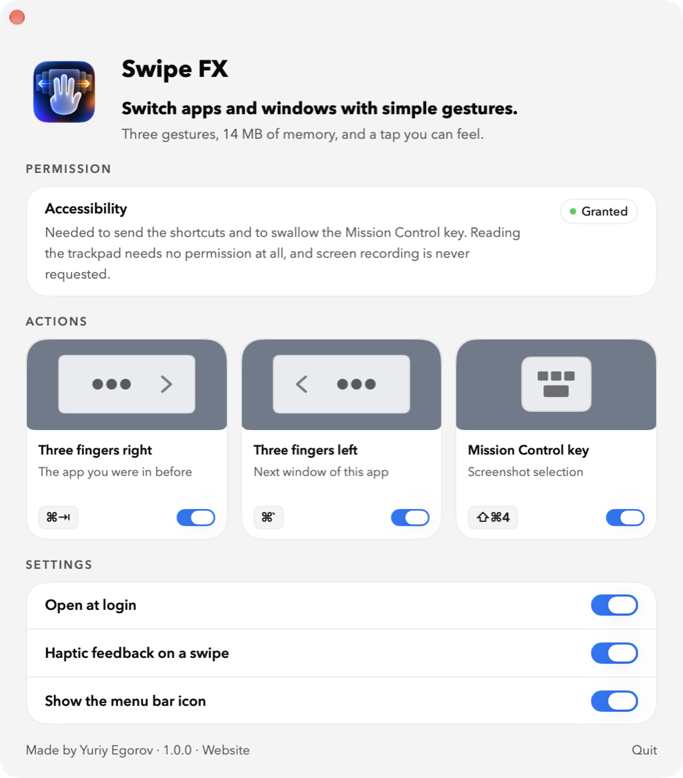 The Swipe FX window: three actions drawn as gesture thumbnails with switches, plus login and haptics settings.